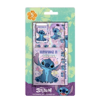 Conjunto de papelaria Disney Stitch com personagem e texto HAVING A BLAST