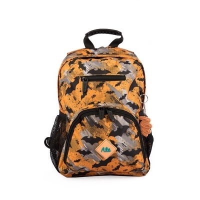 Mochila estampada com padrão em laranja, cinzento e preto