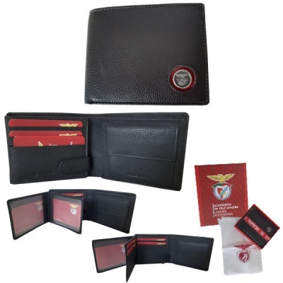 Carteira preta de pele com símbolo do S.L.BENFICA e embalagem original