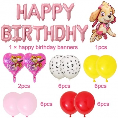 Conjunto de balões de festa com 'HAPPY BIRTHDAY' e figuras de personagem animada