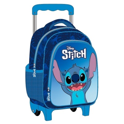 Mochila de rodinhas azul com personagem Stitch da Disney