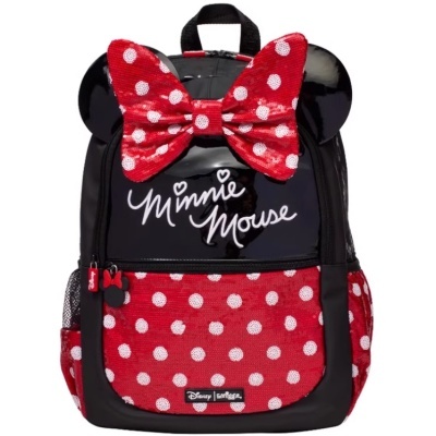 Mochila Minnie Mouse vermelha com bolinhas e laço grande