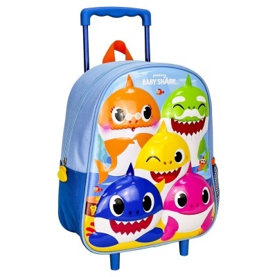 Mochila infantil azul com personagens Baby Shark e alça telescópica azul