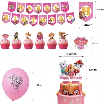 Decoração de aniversário da Patrulha Pata com bandeirolas, cupcakes cor-de-rosa e balão