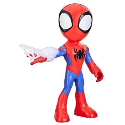 Figura de ação do Homem-Aranha com teia branca na mão esquerda