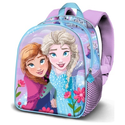 Mochila infantil rosa com estampa dos personagens Anna e Elsa do Frozen.