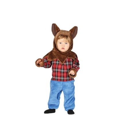 Roupa infantil com capuz castanho de orelhas, camisa xadrez vermelha e calças azuis