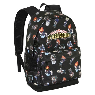 Mochila preta com personagens de anime e texto MY HERO ACADEMIA