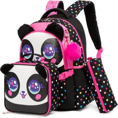 Conjunto de mochila, estojo e lancheira com estampa de panda e bolinhas coloridas.