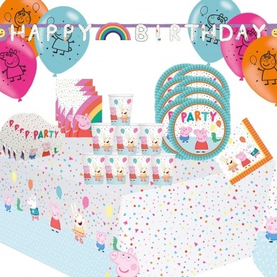Conjunto de festa infantil Peppa Pig com balões, utensílios descartáveis e banner HAPPY BIRTHDAY