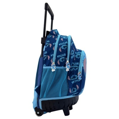 Mochila de carrinho azul com padrão do personagem Stitch e fechos com puxadores decorativos