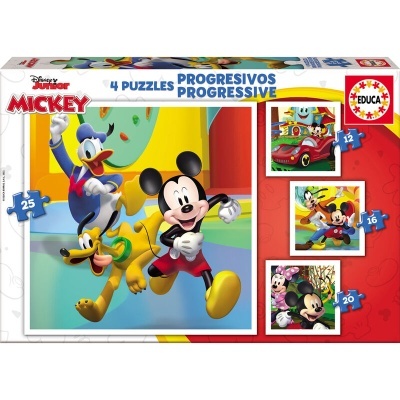 Caixa de 4 puzzles progressivos Disney Junior Mickey com personagens Mickey, Donald e Pluto