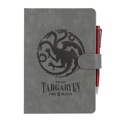 Caderno cinzento com logo House Targaryen e caneta vermelha