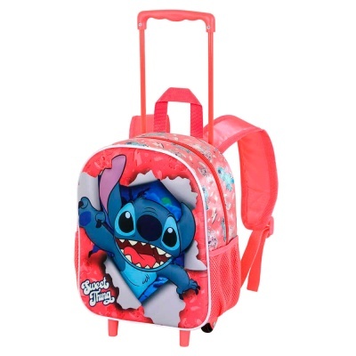 Mochila de carrinho cor-de-rosa com estampa Stitch azul e texto 'Sweet Thug'