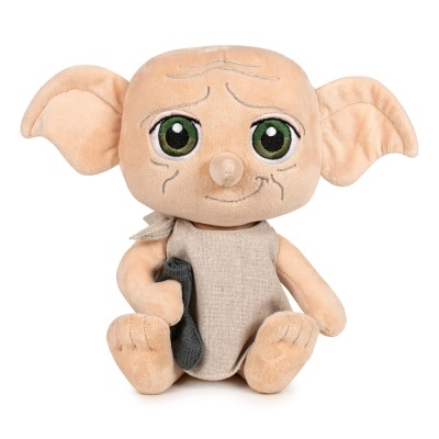 Pelúcia Dobby Harry Potter com roupa bege e pano cinzento