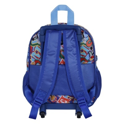 Mochila infantil azul com rodas e padrão colorido