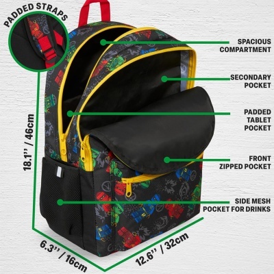 mochila colorida com personagens e bolsos variados