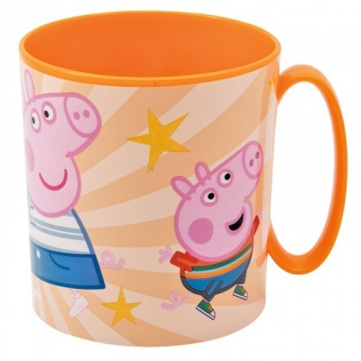 Caneca laranja com personagens do desenho animado Peppa Pig