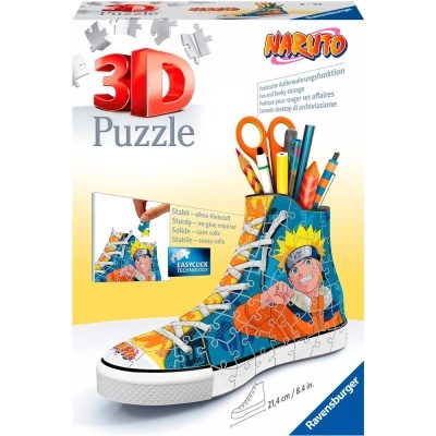 Caixa de puzzle 3D Ravensburger com desenho de ténis azul com personagem Naruto e canetas dentro