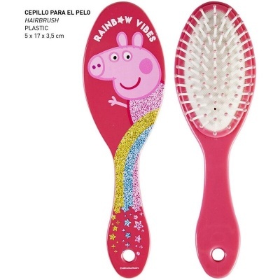 Escova de cabelo rosa com desenho de porquinho e padrão de arco-íris