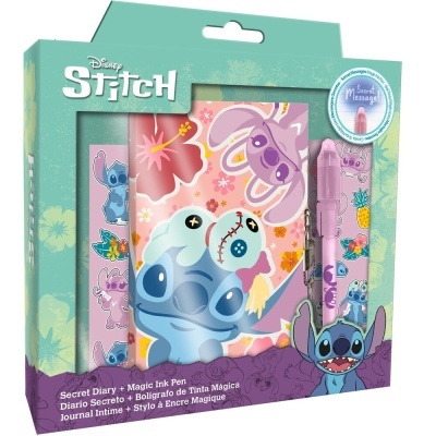 Conjunto diário secreto Disney Stitch com caneta mágica e estojo com design colorido e personagens Stitch.