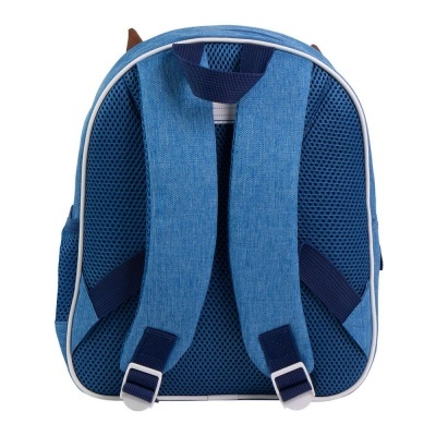 Mochila azul vista de trás com alças acolchoadas e detalhes castanhos