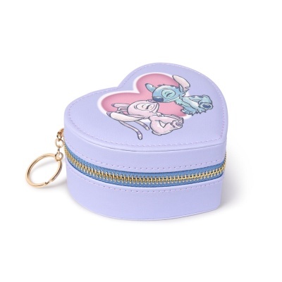 Estojo ou bolsa pequena em forma de coração lilás com desenho Stitch e Angel