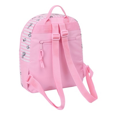 Mochila rosa clara com tiras ajustáveis e padrão listrado com desenhos de animais