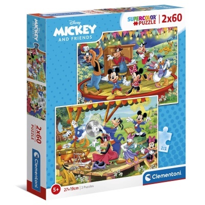 Caixa de puzzle Disney Mickey and Friends com duas imagens de personagens em atividades ao ar livre