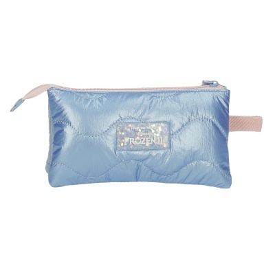 Estojo escolar azul claro acolchoado com fecho rosa e etiqueta Frozen 2