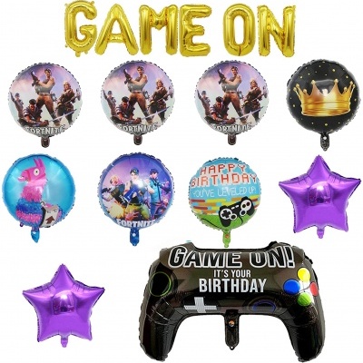 Balões temáticos de Fortnite e aniversário com texto 'GAME ON' e 'HAPPY BIRTHDAY'