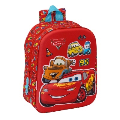 Mochila infantil vermelha com personagens do filme Cars e alça azul