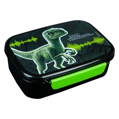 Marmita preta com tampa decorada com dinossauro e texto DINO TRACKING