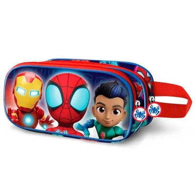 Estojo escolar azul e vermelho com personagens de banda desenhada e fecho de correr com puxadores de aranha