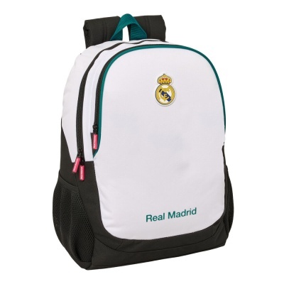 Mochila branca e preta com logo e texto Real Madrid