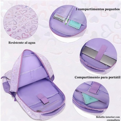 mochila lilás com padrão de corações e vários compartimentos