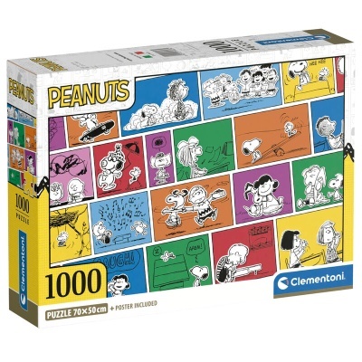 Puzzle Peanuts 1000 peças Clementoni com ilustrações coloridas em fundo multicolor