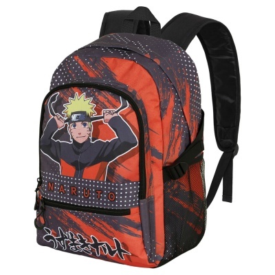 Mochila laranja e cinza com desenho do personagem Naruto e texto NARUTO