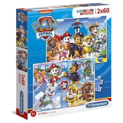 Caixa de puzzle PAW PATROL 2x60 peças da Clementoni com personagens do desenho animado coloridos.