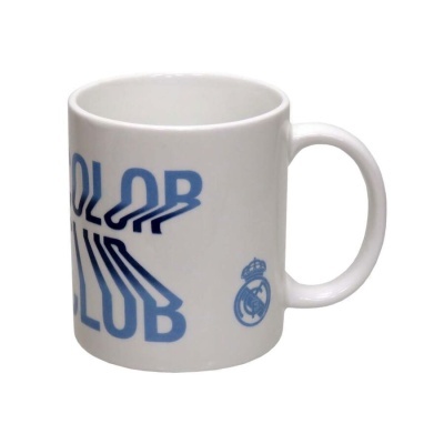 Caneca branca com texto e emblema azul do Real Madrid