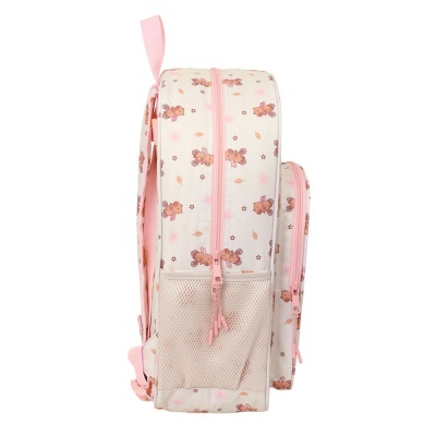 Mochila infantil bege com desenho de ursos e detalhes cor de rosa