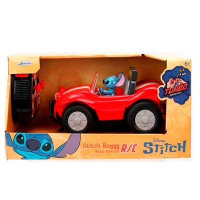 Carro de brincar vermelha com figura Stitch e controlo remoto na caixa.