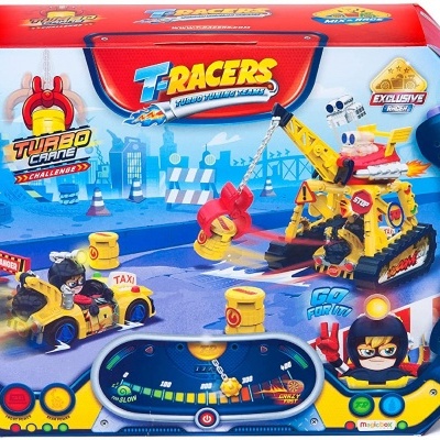 Conjunto de brinquedo T-RACERS com carros amarelos e veículos de construção em caixa colorida