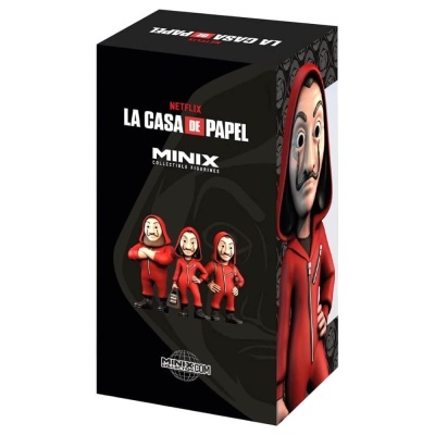 Embalagem da figura colecionável Minix La Casa de Papel com bonecos em macacão vermelho e máscara.