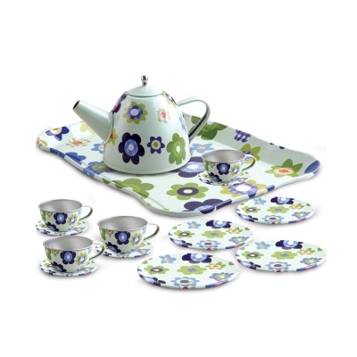 Conjunto de chá infantil em cerâmica com padrão floral colorido e tabuleiro