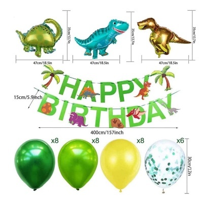 Decoração de aniversário com balões de dinossauros e faixa HAPPY BIRTHDAY