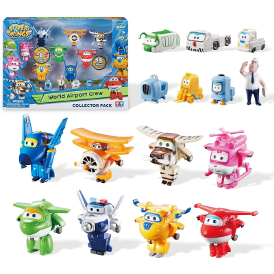 Conjunto de figuras colecionáveis Super Wings World Airport Crew com aviões e veículos coloridos