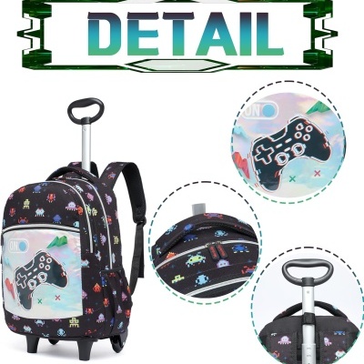 mochila com rodinhas e tema de videojogos com comando desenhado