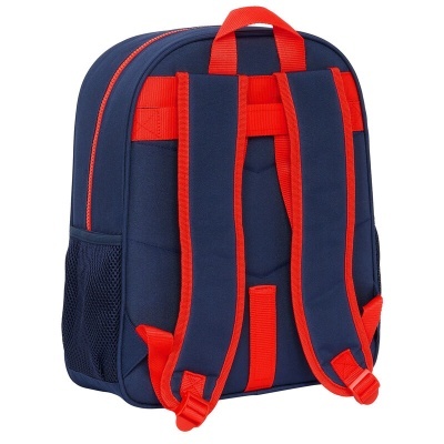 Mochila azul escuro com detalhes em vermelho vista de trás