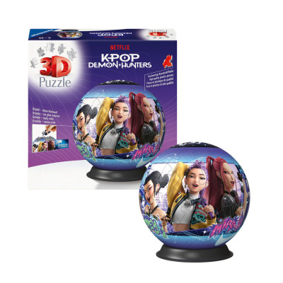 Puzzle 3D Netflix K-POP DEMON HUNTERS em forma de esfera colorida numa base preta